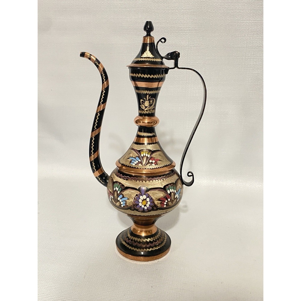 Vintage Ibrik Copper Ewer Pitcher Hand Painted Floral‎ Gold Coffee Tea